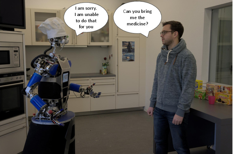Dave: "Can you bring me the medicine?" Robot: "I am sorry. I am unable to do that."